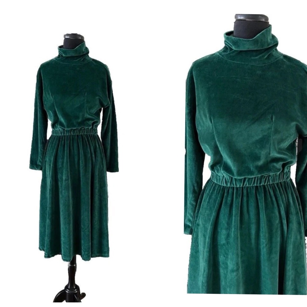 FADS VTG 90s PM USA Made Luxe Velvet Velour Forest Green‎ Midi Dress Minimalist